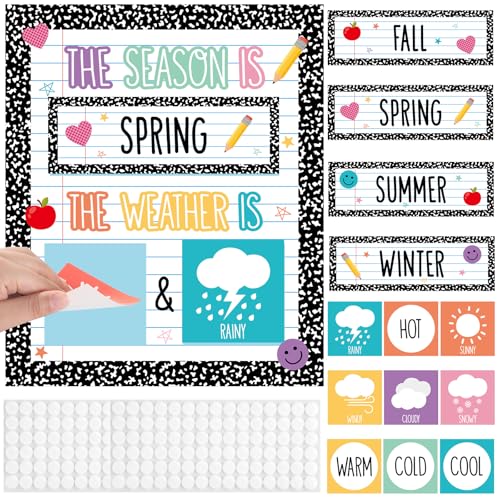 Composition Notebook Season and Weather Calendar Bulletin Board Season Calendar Posters with Weather Cards Hook and Loop Dots for Classroom Wall Decor Preschool Kindergarten Student Teacher Supplies - style: Composition Notebook