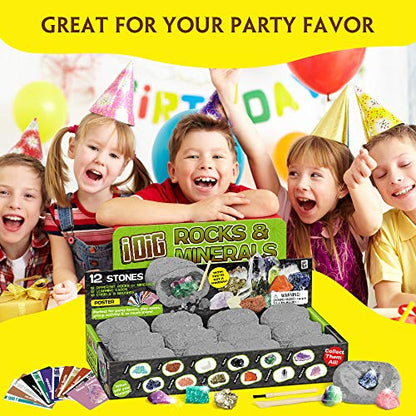 Rocks & Minerals Dig Kit - 12 Pack Real Gemstone Excavation Bricks, Crystals, Pyrite, Amethyst Archeology Digging Toys, STEM Educational Gift Box Party Favors for Kids Boys Girls Age 6+