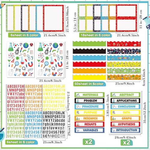 94 Pcs Science Fair Board Supplies 60 Trim Scalloped Bulletin Borders 24 Presentation Subtitles 2 Project Titles 6 Letter Stickers 2 Stickers for Classroom Display Boards(Scientific Lab) - style: Scientific Lab