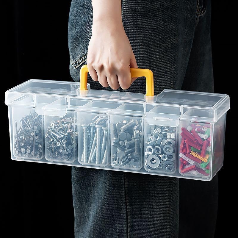 Small Parts Organizer Box with Transparent Lid 1‑Pack, 6-Compartments Movable Organizer Box with for Hardware, Screws, Bolts, Nails, Beads, Jewelry and Fishing Small Accessories, NOT for Large Tools