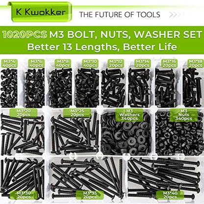 1023Pcs M3 Screw Assortment 13 Lengths 4mm to 40mm, 10.9 Alloy Steel Nuts and Bolts Assortment Kit, Metric Button Head Hex Socket Head Cap Machine Screws and Nuts, Washers, Black - size: B. M3