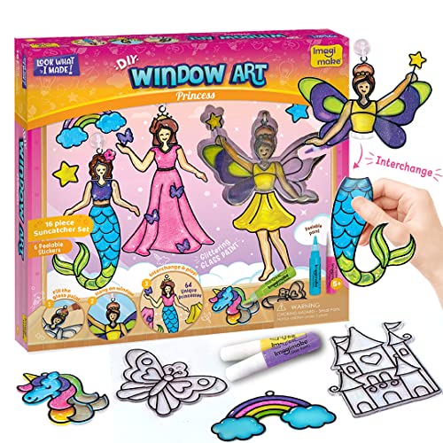 Imagimake Window Art - Princess, Mermaid, Unicorn 16 Pieces Suncatcher Kit