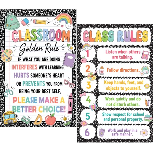 2 Pcs Classroom Rules Poster Set, 11" x 17" Class Rules Posters for Classroom, Composition Notebook Classroom Decor, Elementary and Middle School Classroom Must Haves, Teacher Supplies - color: Composition Class Rules