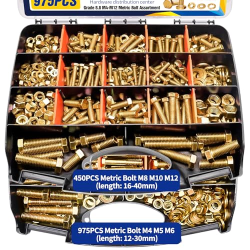 1425pcs Heavy Duty Metric Bolt and Nut Assortment Kit - Grade 8.8 Zinc Plated M4 M5 M6 M8 M10 M12 Bolts, Nuts Washers Kit for DIY, Machinery, Shelving Repair - Metric Bolt Assortment with Storage Case - color: Gold-1425PCS M4 M5 M6 M8 M10 M12