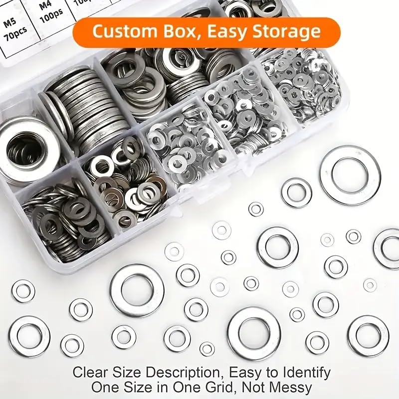 360 Pieces 8 Sizes 304 Stainless Steel Washers Assortment Kit, Lock Metal Washer for Screw(M2 M2.5 M3 M4 M5 M6 M8 M10)