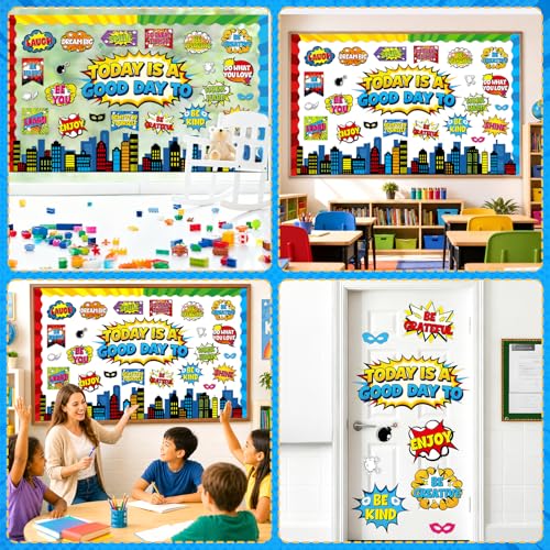 Hero Themed Mental Health Bulletin Board Set Motivational Classroom Decor Today is Good Day Inspirational Affirmation Super Themed Cutouts for Back to School Party Classroom Chalkboard Wall Door Decor - style: Today is Good Day to
