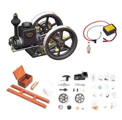 Retrol Engine HM-01 Hit and Miss Engine Model Kit, 4-Stroke Fixed Horizontal DIY Assembly Metal Engine Kit with Base Equipment Box/Tankk/Pipe/CDI Igniter/Spark Plug, Gift -KIT - style: KIT Version