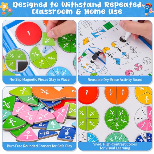 Meetory Magnetic Fraction Playbook - Magnetic Fraction Demonstration Book, Montessori Math Manipulatives Kit, Homeschool Classroom Fraction Puzzles and Games - color: Three-fold Pterosaur + Cards
