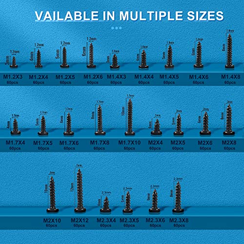 1440 Pcs Black Mini Phillip Pan Head Micro Electronic Screws - M1.2, M1.4, M1.7, M2, M2.3 - 24 Size Assortment Screw Kit