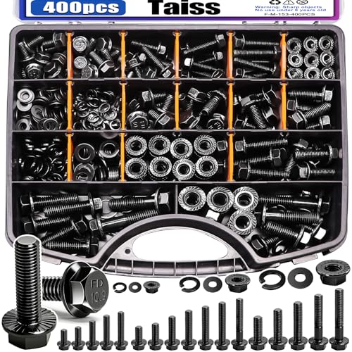 Taiss 400PCS Metric Flange Bolt Assortment Kit,M6x1.0, M8x1.25, M10x1.5 Bolts(12mm to 45mm),Hex Bolts and Nuts Washers Kit,Metric Bolt Assortment for Automotive Fasteners,10.9 Black Zinc Galvanized - color: BK 400PCS Kit
