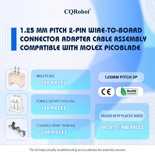 CQRobot JST GH 1.25 mm Pitch 2-Pin Electronic Computer Connector IC Male Plugs, Female Sockets Housing and T-Shaped Crimp Terminal Kit. 100 Sets/400 PiecesWire-to-Board Adapter Cable Assembly. - size: 2P, style: White