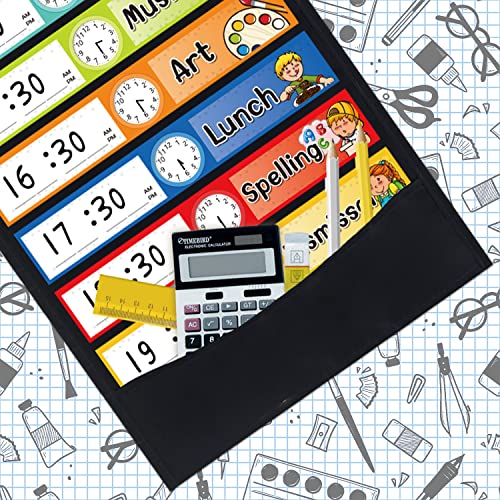 Daily Schedule Pocket Chart Kit,40 Bright Attractive Double-Sided Reusable Erasable Cards,1 Title Card,13+1 Scheduling Pocket Chart with 2 Hangers for Classroom Office Home Preschool Learning (Black) - color: Black