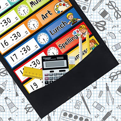 Daily Schedule Pocket Chart Kit,40 Bright Attractive Double-Sided Reusable Erasable Cards,1 Title Card,13+1 Scheduling Pocket Chart with 2 Hangers for Classroom Office Home Preschool Learning (Black) - color: Black