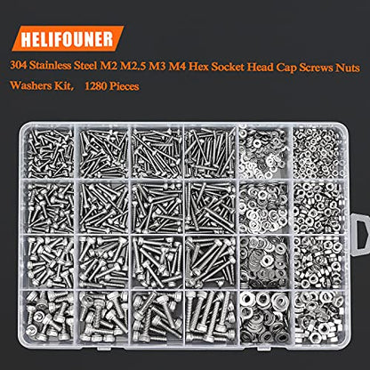 HELIFOUNER 1280 Pieces M2 M2.5 M3 M4 304 Stainless Steel Hex Socket Cap Metric Screws Bolts Washers Nuts Hardware Assortment Kit with Hex Wrenches - size: M2 M2.5 M3 M4