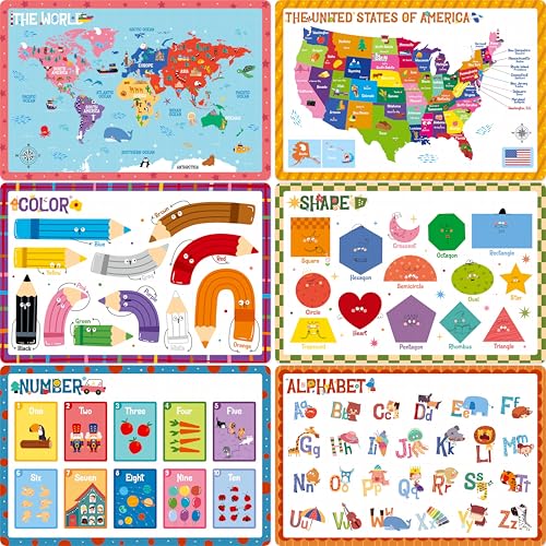 6 Pack Placemats for Kids, Non-Slip Washable, Reusable Alphabet, Number, Shape, Color, America & World Map Themed Educational Placemats for Home, Kindergarten, Classroom, Nursery - style: Education-C