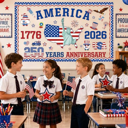 USA 250th Anniversary Bulletin Board Set 1776-2026 Patriotic Classroom Decorations 250th Anniversary Patriotic Paper Cutouts for 4th of July Independence Day Home Chalkboard Door Wall Decor - style: USA 250th