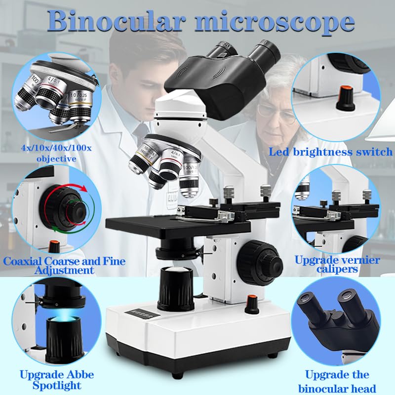Adult Student Compound Binocular Microscope - 40X-5000X High-Magnification Large-Field Professional Biological Microscope, Suitable for Schools, Laboratories, and Home Education