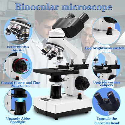 Adult Student Compound Binocular Microscope - 40X-5000X High-Magnification Large-Field Professional Biological Microscope, Suitable for Schools, Laboratories, and Home Education