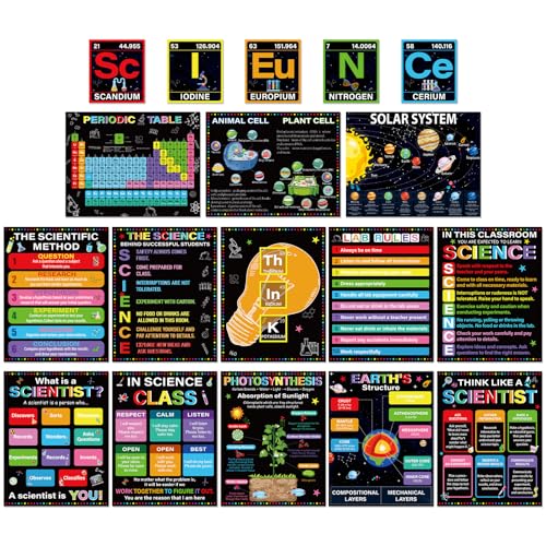 Wiooffen 18 Pcs Science Posters for Classroom Middle Elementary School 14.2 x 11.0in Laminated Reusable Periodic Table Posters Science Classroom Decor for Back to School Decor（Boho） - color: Black