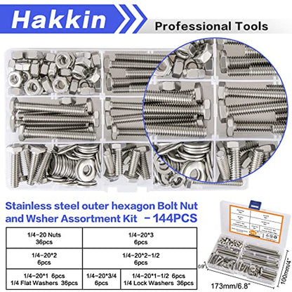 144PCS 1/4-20 Hex Bolts and Nuts Kit, Stainless Steel 1/4" Nuts and Bolts Assortment Kit, Flat & Lock Washers Set Screw Assortment Kit, Machine Screws Set - size: B. 1/4