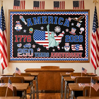 USA 250th Anniversary Bulletin Board Set 1776-2026 Patriotic Classroom Decorations 250th Anniversary Patriotic Paper Cutouts for 4th of July Independence Day Home Chalkboard Door Wall Decor - style: USA 250th