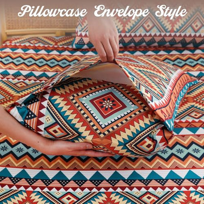CozySmile 4 Pieces Queen Sheet Set Bohemian, Boho Sheets Soft Microfiber Deep Pocket, Western Sheets Geometric(Queen, Rust Turquoise Diamond) - color: B-rust Turquoise Diamond, size: Queen