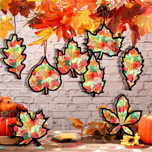 Eersida 32 Pcs Fall Crafts Kit Bulk Leaves Maple Leaf Paper Suncatchers DIY - style: Maple Leaf Style