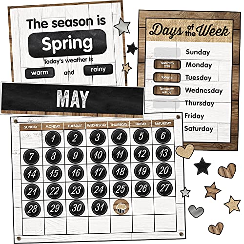Schoolgirl Style Industrial Chic 95-Piece Calendar Bulletin Board Set, Farmhouse Monthly Calendar with Numbers, Birthdays and More, Rustic Farmhouse Calendar Bulletin Board Set for Classroom - size: 25.9" x 17.9"