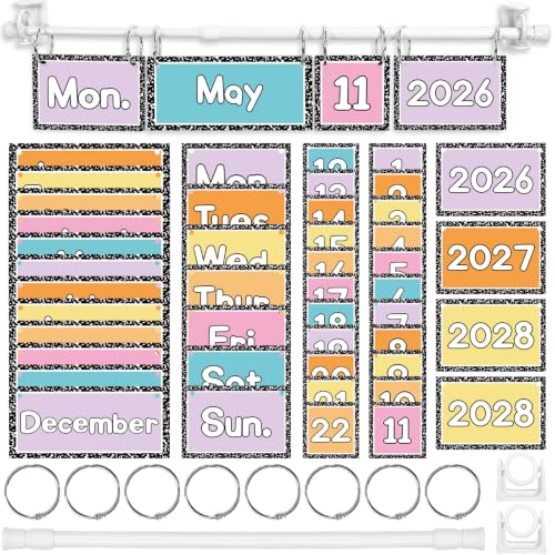 FYSUIMU Composition Notebook Calendar Bulletin Board Set Pastel Flip Calendar with 54 Cards & Adjustable Holder for Back to School Classroom Home Office DIY Decoration Supplies - style: pastel composition
