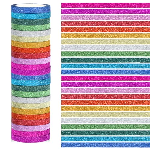 24 Rolls Glitter Washi Tape, 5mm Thin Colored Masking Tape Set Washi Tapes Set Metallic Foil Sparkly Decorative Craft Tapes, Metallic Foil Glitter Decorative Crafttape for Journal DIY Crafts Book