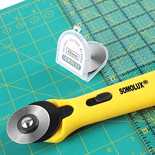 SOMOLUX 45mm Rotary Cutter with 45mm 5 Pcs Replace blades for Quilting Scrapbooking Sewing Arts Crafts, Sharp and Durable - color: Yellow 45mm Rotary Cutter