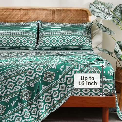 CozySmile 4 Pieces Queen Sheet Set Bohemian, Boho Sheets Soft Microfiber Deep Pocket, Western Sheets Geometric(Queen, Emerald Green) - color: B-emerald Green, size: Queen