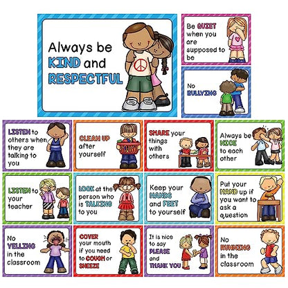 Lachilly 15 Sheets Classroom Rules Educational Poster for Preschool, Home, Middle and High School Classroom Wall Decoration, Language Arts Charts, Toddler Learning Toys, Bulletin Board Set - style: Classroom Rule 15P