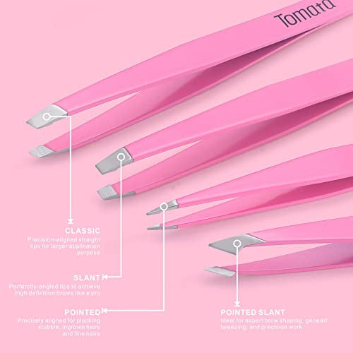 Tomata Tweezers for Eyebrows, Slant Tip and Pointed Eyebrow Tweezer Set Great Precision for Eyebrows Facial Hair, Ingrown Hair, Splinter, Blackhead and Tick Remover (4-piece) (pink) - color: Pink