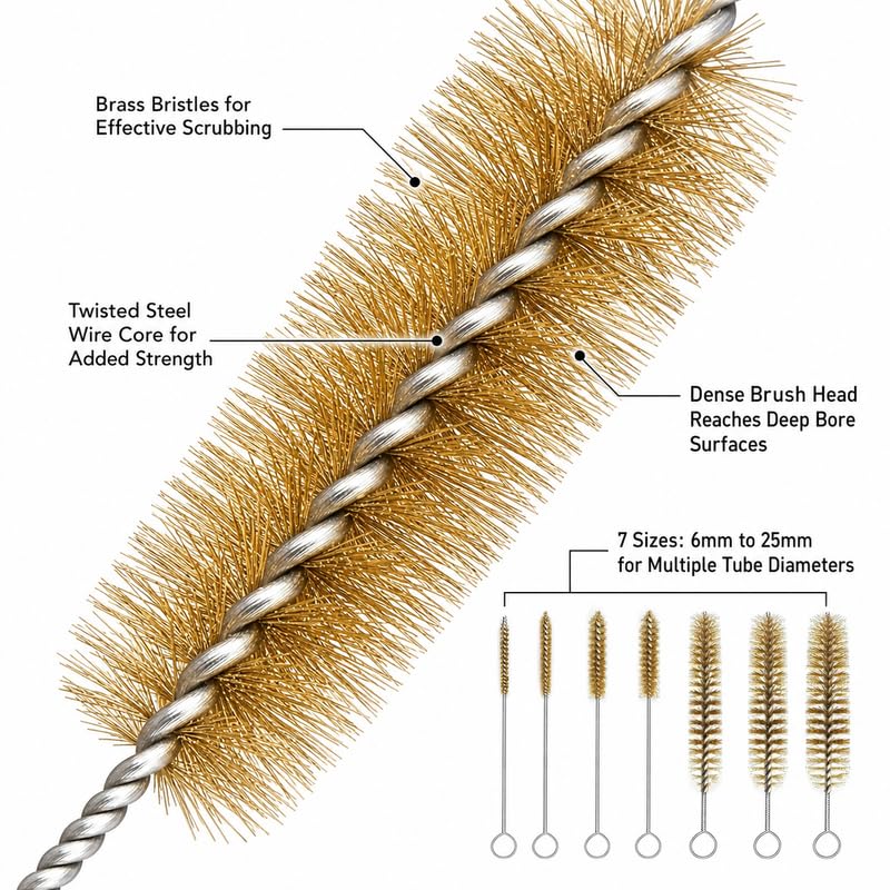 7 Pcs Brass Brush Set, 12'' Long Handle Pipe Cleaner Brush for Deep Cleaning, Bottle Brush for Engine Auto Parts Bottle Keyboards Narrow Space & Paint on Various Metal Pipes Cleaning