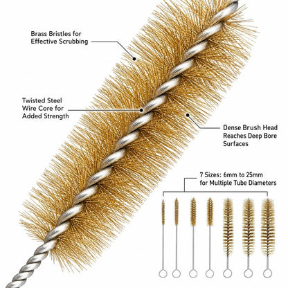 7 Pcs Brass Brush Set, 12'' Long Handle Pipe Cleaner Brush for Deep Cleaning, Bottle Brush for Engine Auto Parts Bottle Keyboards Narrow Space & Paint on Various Metal Pipes Cleaning