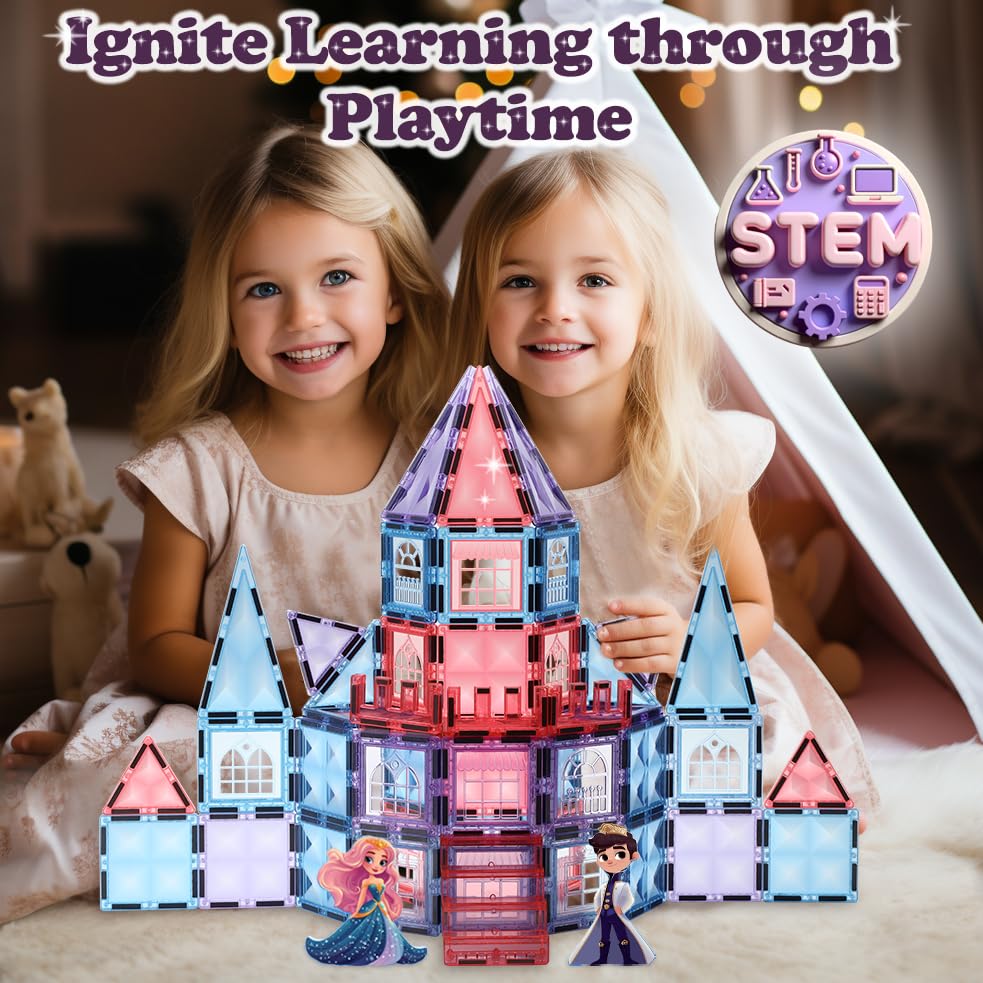 Little Pi Frozen Magnetic Tiles 3 Year Old Girl Gifts 5 Year Old 4 Year Old Girl Birthday Gifts Princess Toys Magnet Tiles Building Blocks Castle Age 3 4 5 6 7 8 - color: Prince & Princess Castle