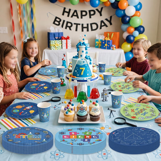 60Pcs Science Birthday Party Plates for 60 Guests Chemistry Laboratory for Mad Scientist Themed Baby Shower Birthday Party Decorations